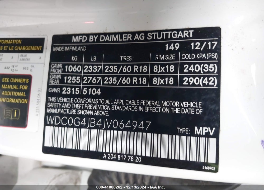 2018 MERCEDES-BENZ GLC 300 VIN: WDC0G4JB4JV064947