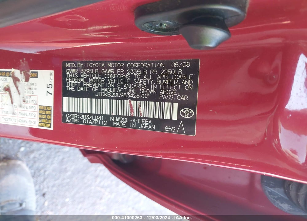 2008 TOYOTA PRIUS VIN: JTDKB20U983426703