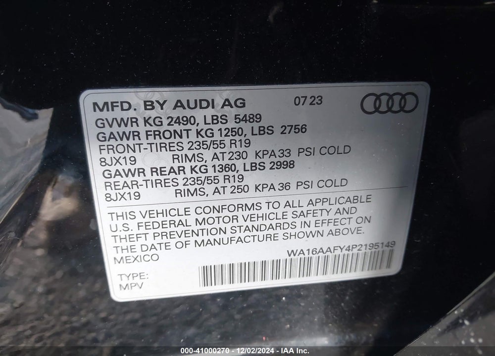 2023 AUDI Q5 SPORTBACK PRESTIGE 45 TFSI S LINE QUATTRO S TRONIC VIN: WA16AAFY4P2195149