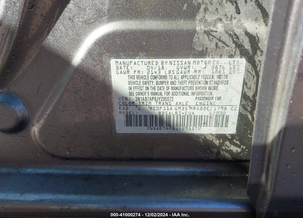 2018 NISSAN SENTRA S VIN: 3N1AB7AP8JY295572