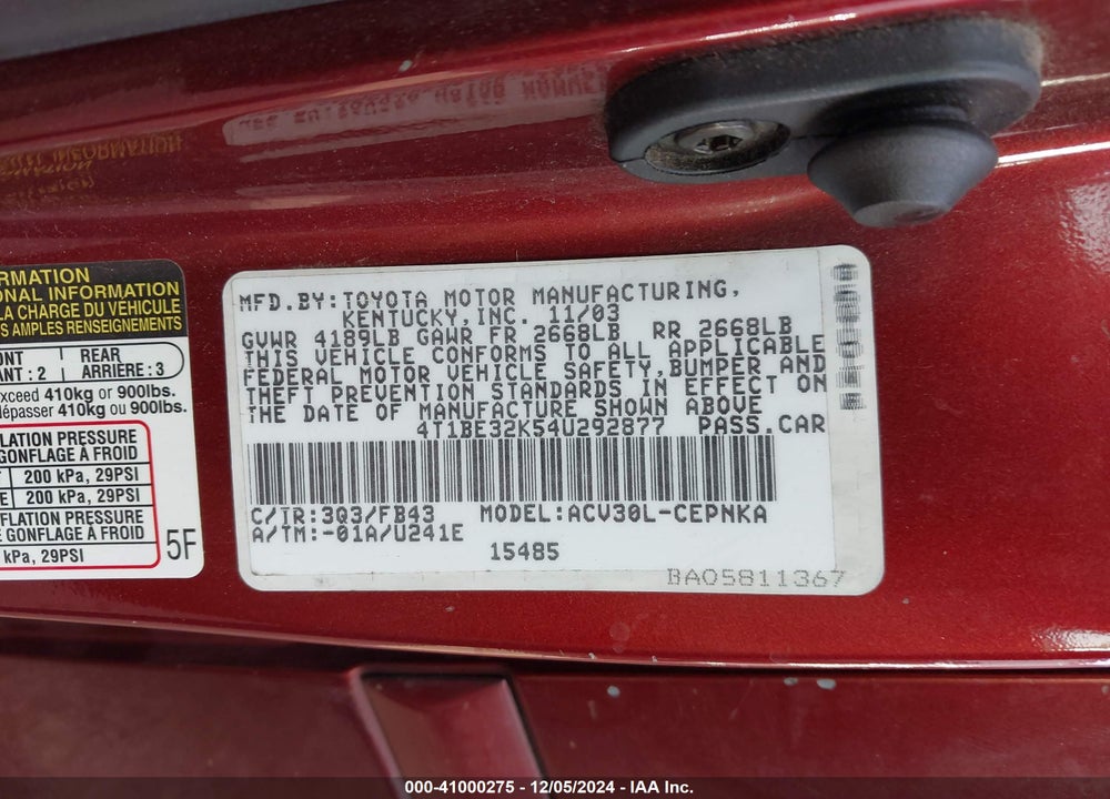 2004 TOYOTA CAMRY LE VIN: 4T1BE32K54U292877