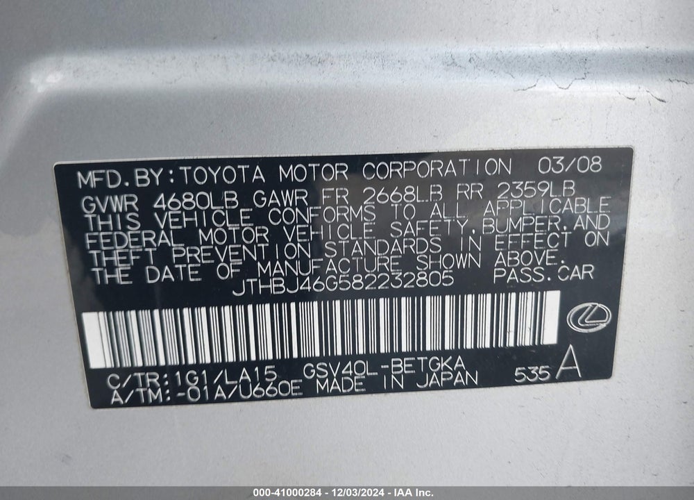 2008 LEXUS ES 350 VIN: JTHBJ46G582232805