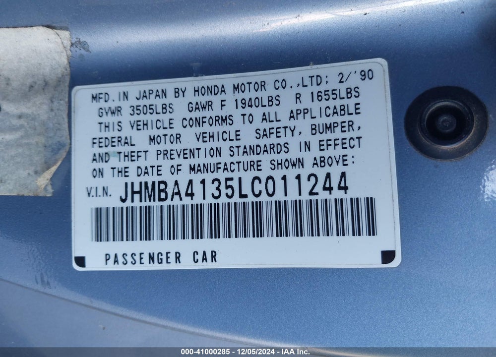1990 HONDA PRELUDE SI VIN: JHMBA4135LC011244