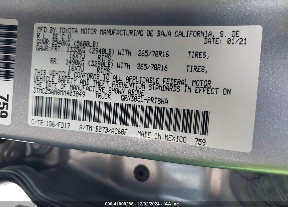 2021 TOYOTA TACOMA SR V6/SR5 V6/TRD OFF ROAD/TRD PRO/TRD SPORT VIN: 3TMCZ5AN8MM403849