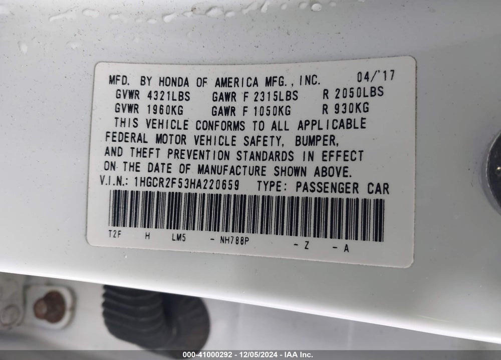 2017 HONDA ACCORD SPORT VIN: 1HGCR2F53HA220659