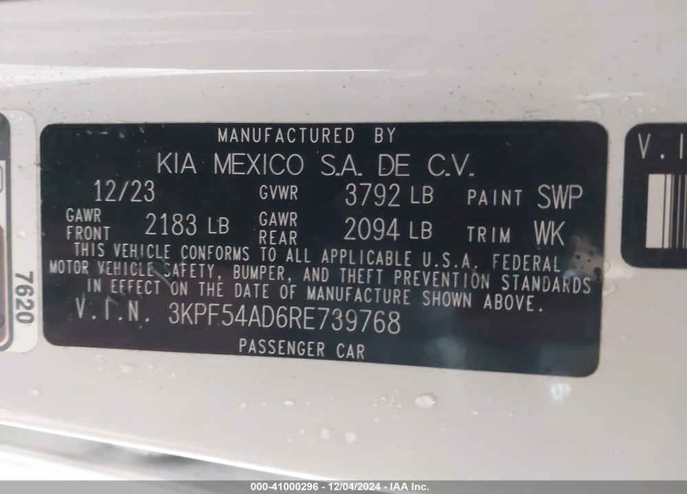 2024 KIA FORTE VIN: 3KPF54AD6RE739768