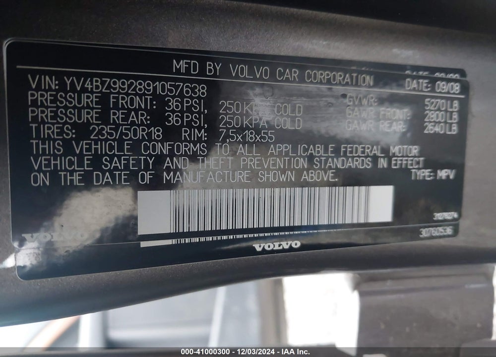 2009 VOLVO XC70 VIN: YV4BZ992891057638