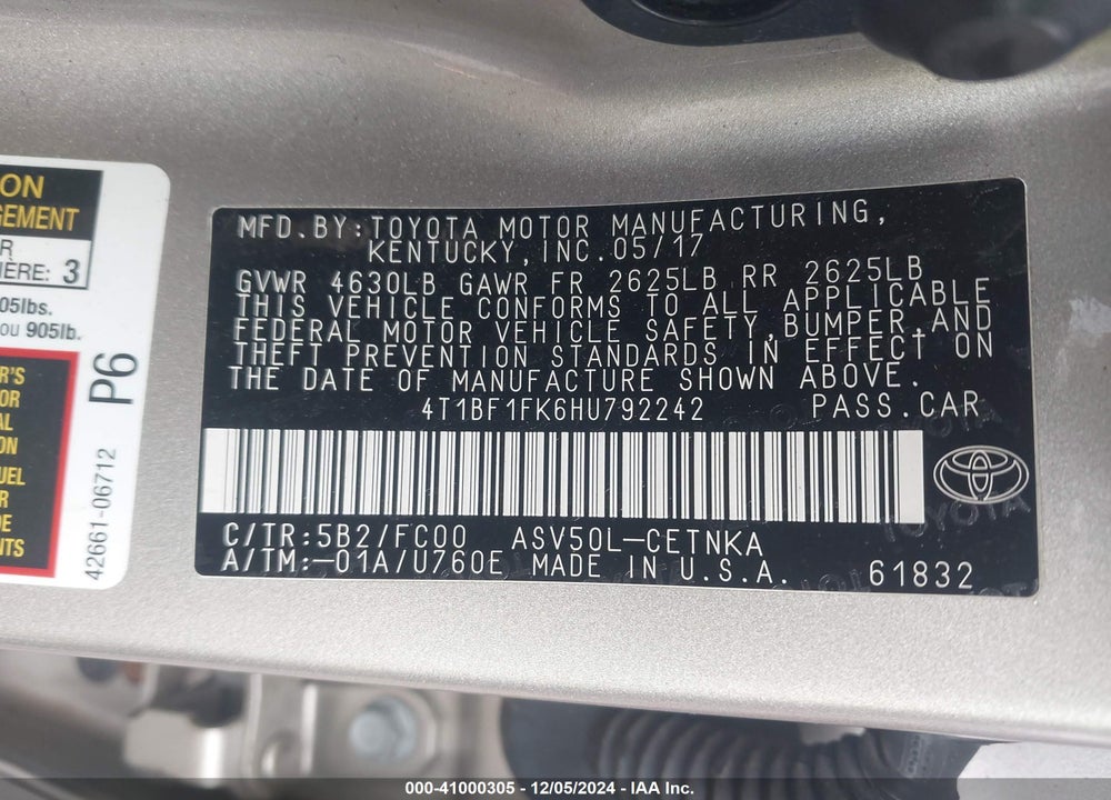 2017 TOYOTA CAMRY VIN: 4T1BF1FK6HU792242