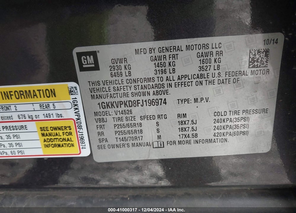 2015 GMC ACADIA SLE-2 VIN: 1GKKVPKD8FJ196974