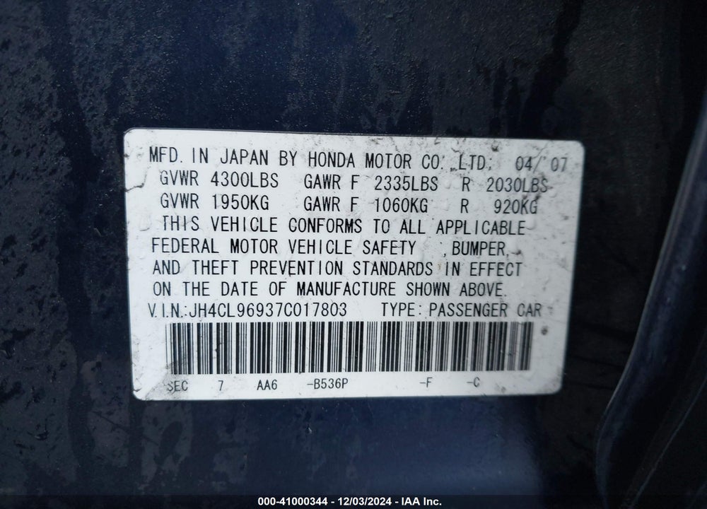 2007 ACURA TSX VIN: JH4CL96937C017803