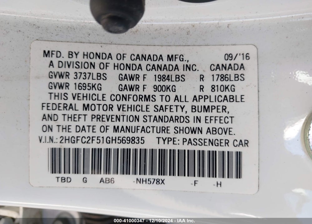 2016 HONDA CIVIC LX VIN: 2HGFC2F51GH569835
