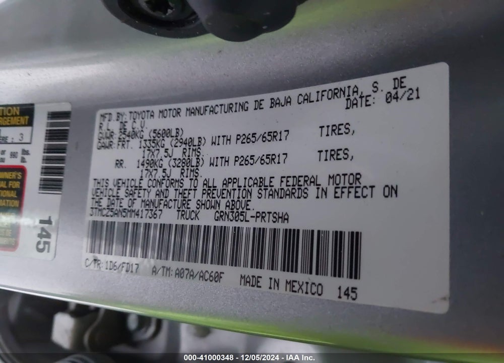 2021 TOYOTA TACOMA TRD SPORT VIN: 3TMCZ5AN5MM417367