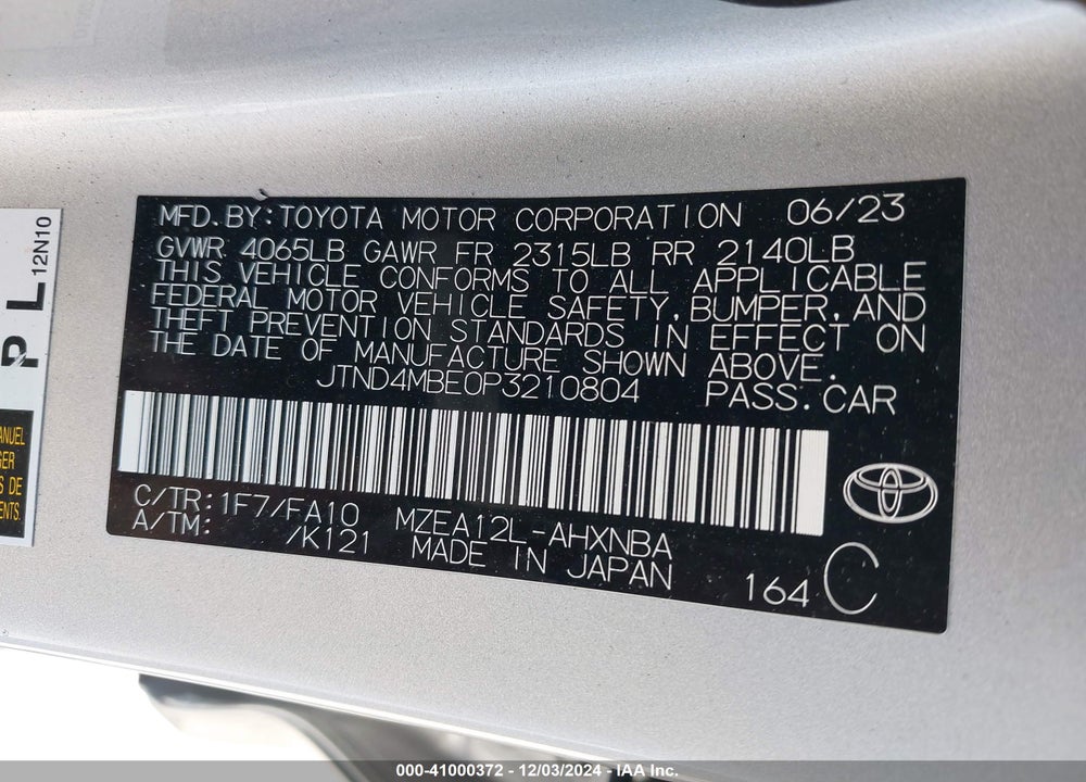 2023 TOYOTA COROLLA VIN: JTND4MBE0P3210804