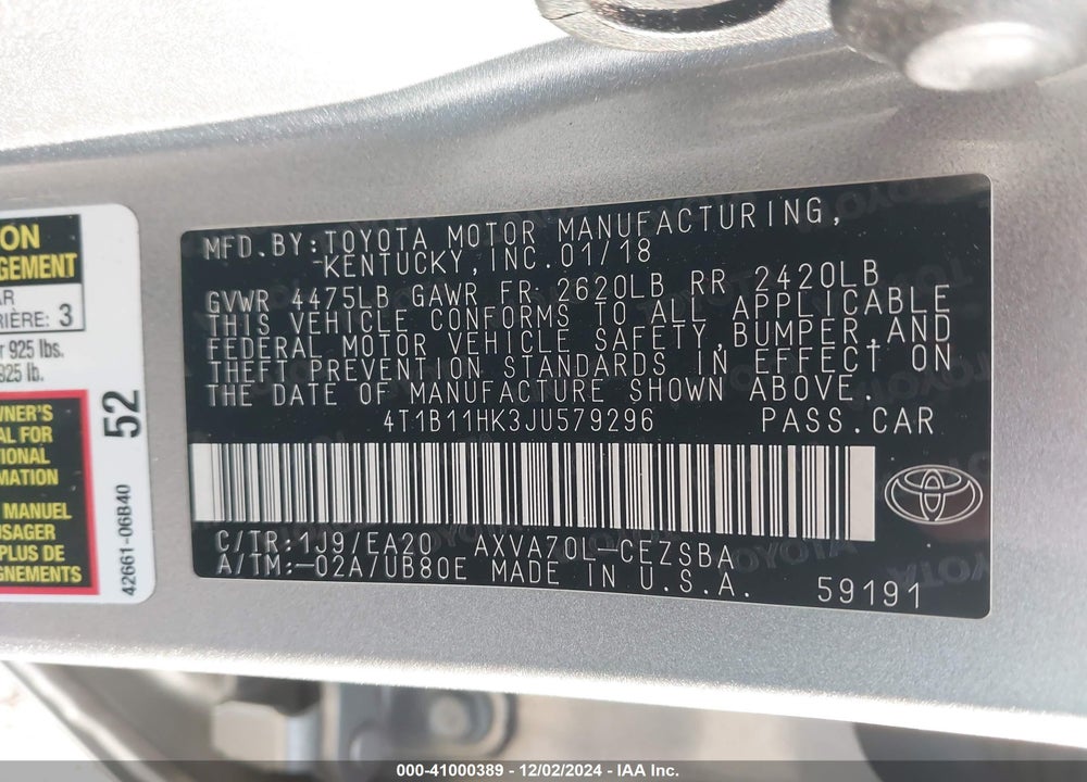2018 TOYOTA CAMRY SE VIN: 4T1B11HK3JU579296