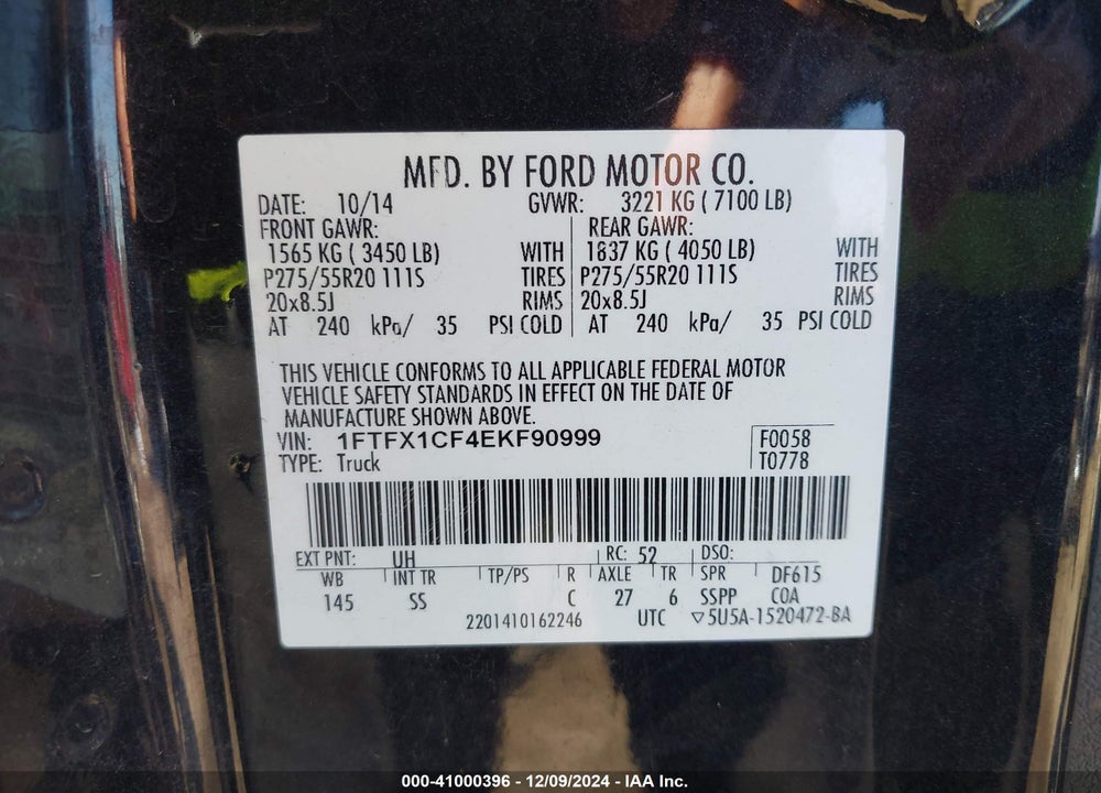 2014 FORD F-150 STX VIN: 1FTFX1CF4EKF90999