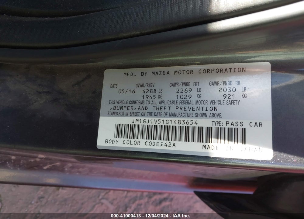 2016 MAZDA 6 I TOURING VIN: JM1GJ1V51G1483654