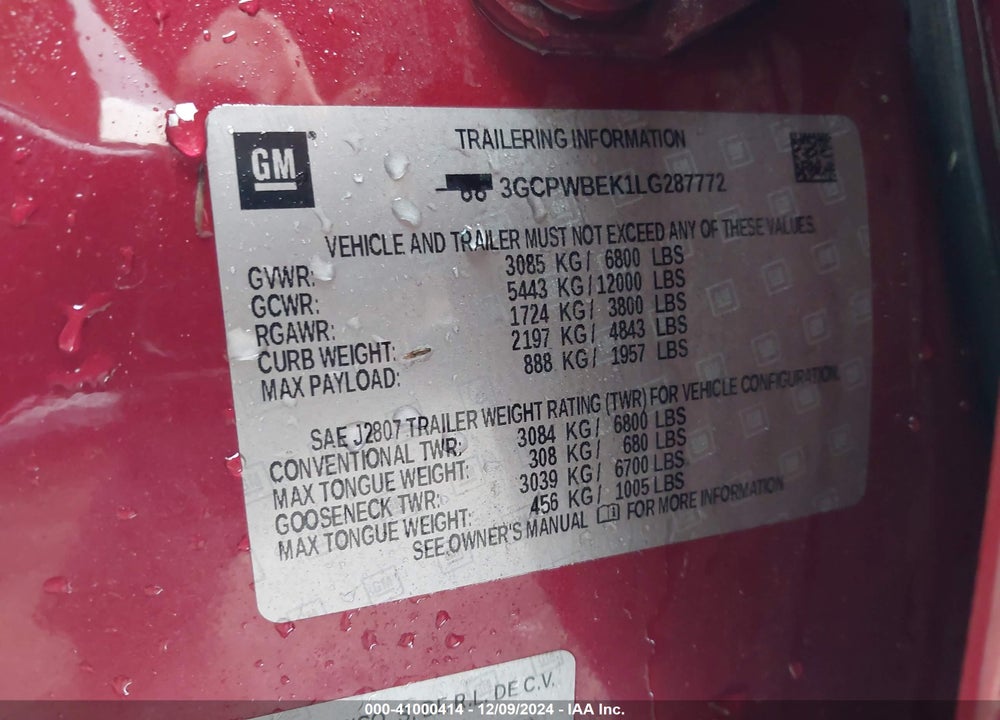 2020 CHEVROLET SILVERADO 1500 VIN: 3GCPWBEK1LG287772