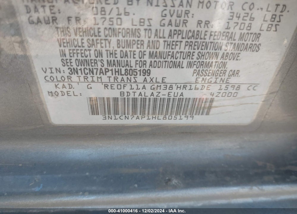 2017 NISSAN VERSA VIN: 3N1CN7AP1HL805199
