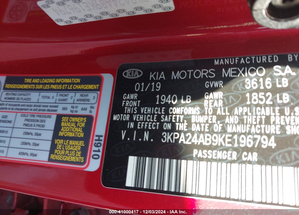 2019 KIA RIO S VIN: 3KPA24AB9KE196794