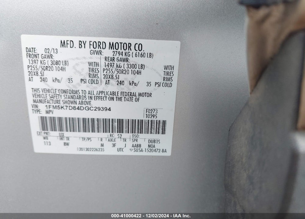 2013 FORD EXPLORER XLT VIN: 1FM5K7D84DGC29394