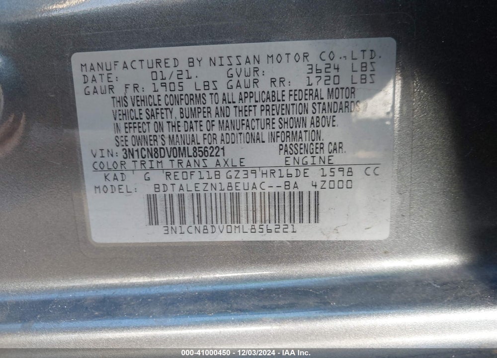 2021 NISSAN VERSA S XTRONIC CVT VIN: 3N1CN8DV0ML856221