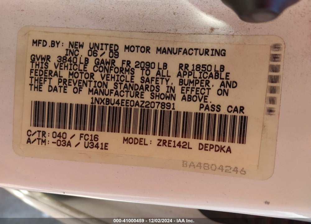 2010 TOYOTA COROLLA LE VIN: 1NXBU4EE0AZ207891