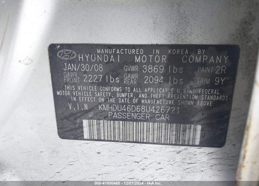 2008 HYUNDAI ELANTRA GLS/SE VIN: KMHDU46D68U426721
