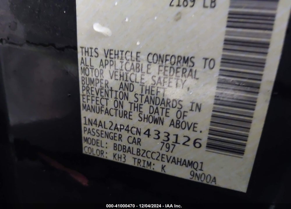 2012 NISSAN ALTIMA 2.5 S VIN: 1N4AL2AP4CN433126