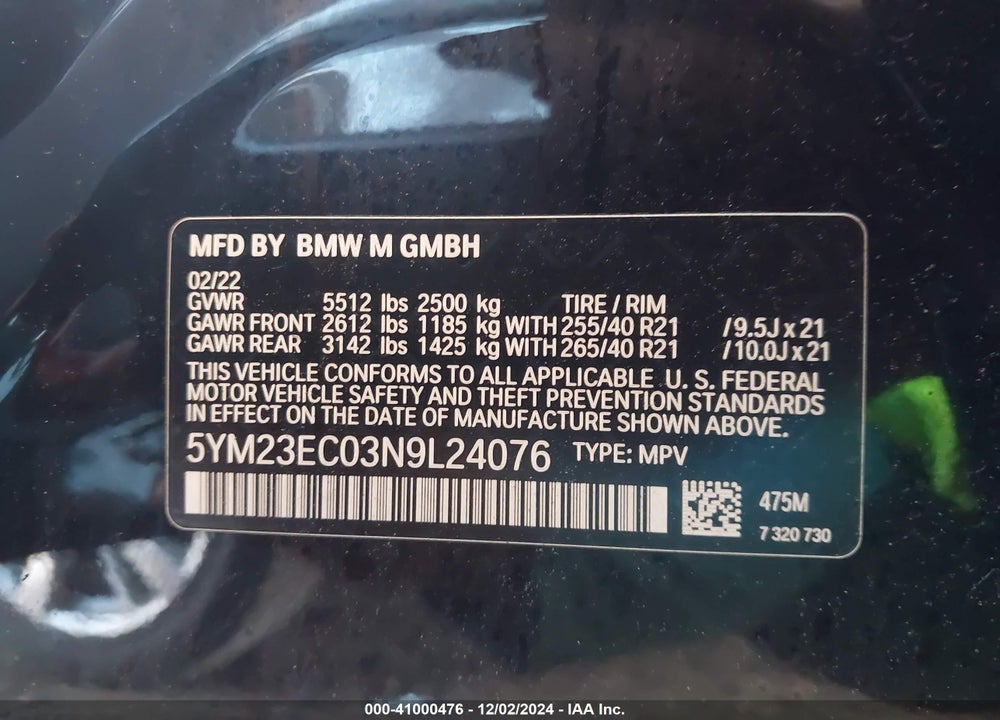 2022 BMW X4 M VIN: 5YM23EC03N9L24076