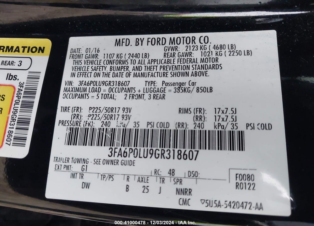 2016 FORD FUSION HYBRID SE VIN: 3FA6P0LU9GR318607