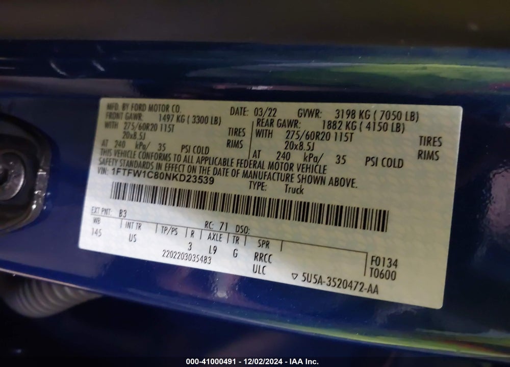 2022 FORD F-150 VIN: 1FTFW1C80NKD23539