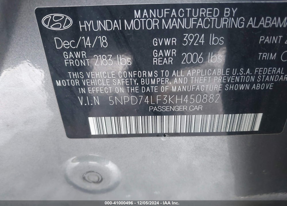 2019 HYUNDAI ELANTRA SE VIN: 5NPD74LF3KH450882