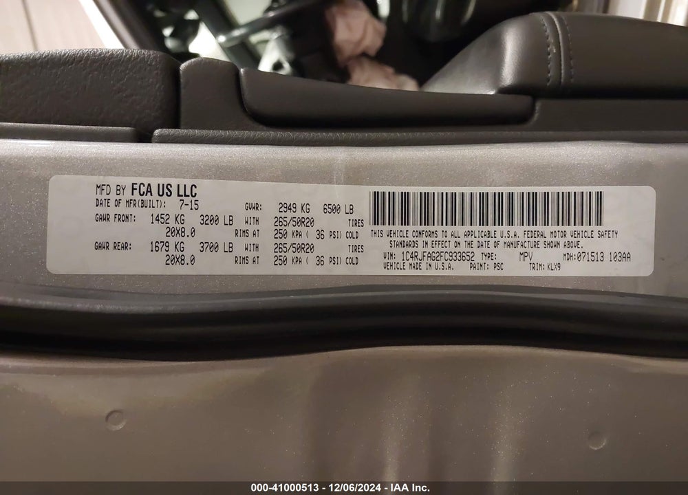2015 JEEP GRAND CHEROKEE ALTITUDE VIN: 1C4RJFAG2FC933652