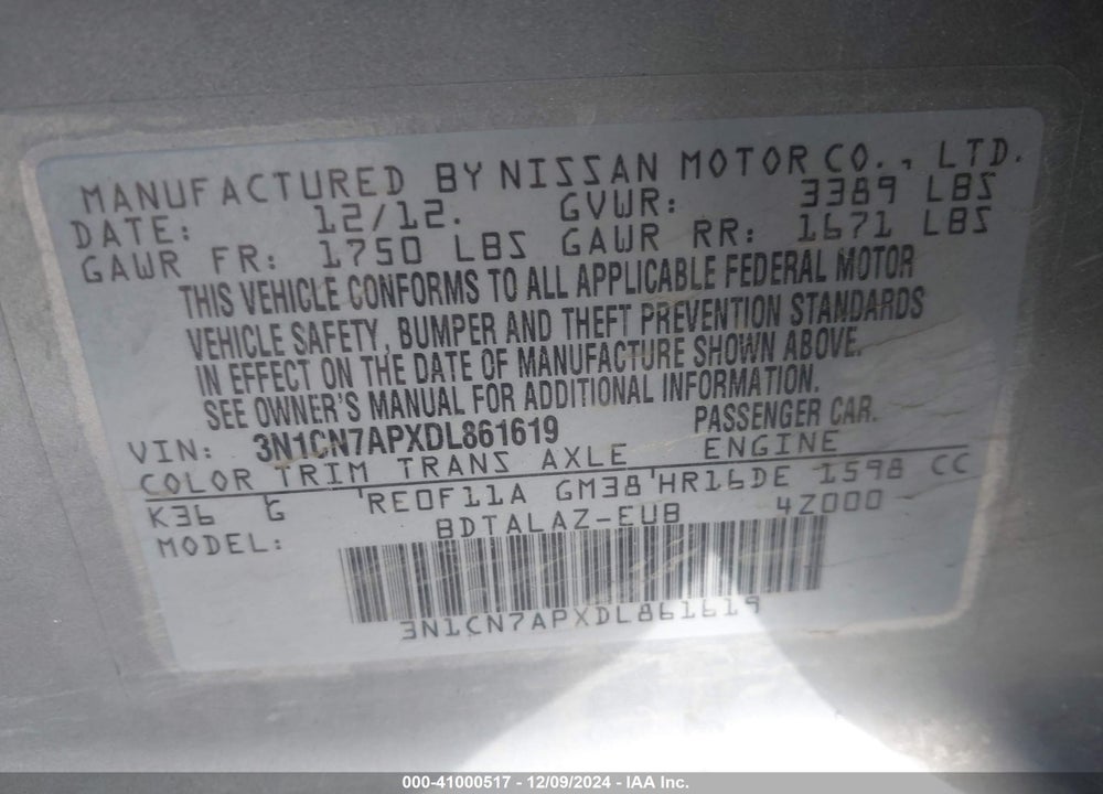 2013 NISSAN VERSA 1.6 S+ VIN: 3N1CN7APXDL861619