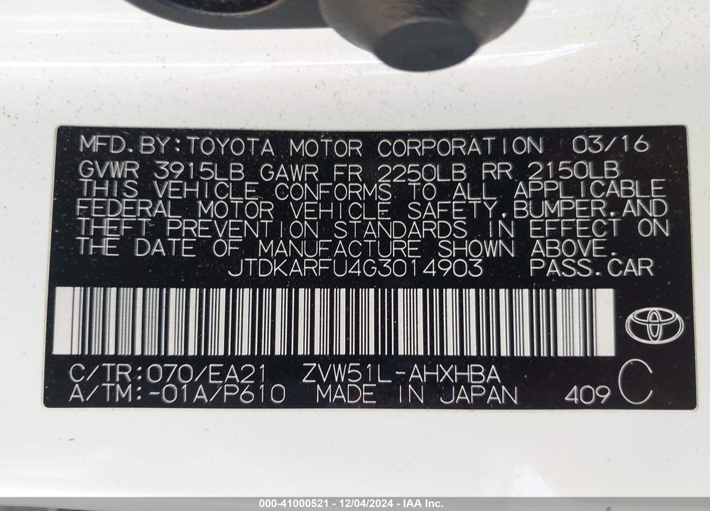 2016 TOYOTA PRIUS THREE TOURING VIN: JTDKARFU4G3014903