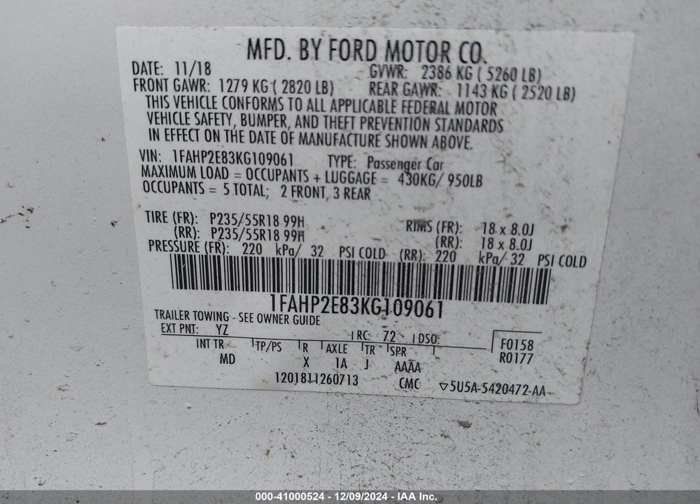 2019 FORD TAURUS SEL VIN: 1FAHP2E83KG109061