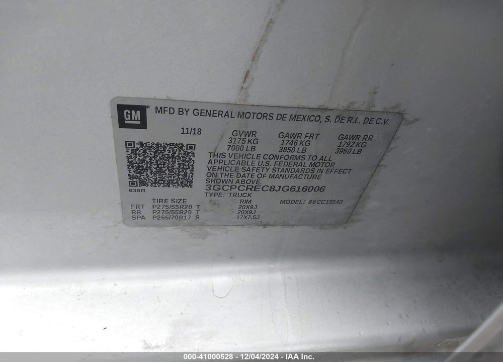 2018 CHEVROLET SILVERADO 1500 VIN: 3GCPCREC8JG616006