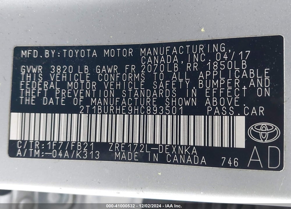 2017 TOYOTA COROLLA LE VIN: 2T1BURHE9HC893501