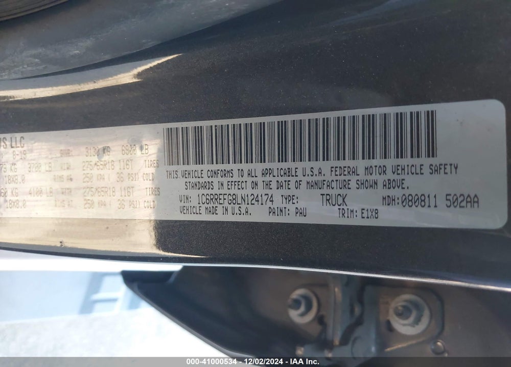 2020 RAM 1500 BIG HORN 4X2 5'7 BOX VIN: 1C6RREFG8LN124174