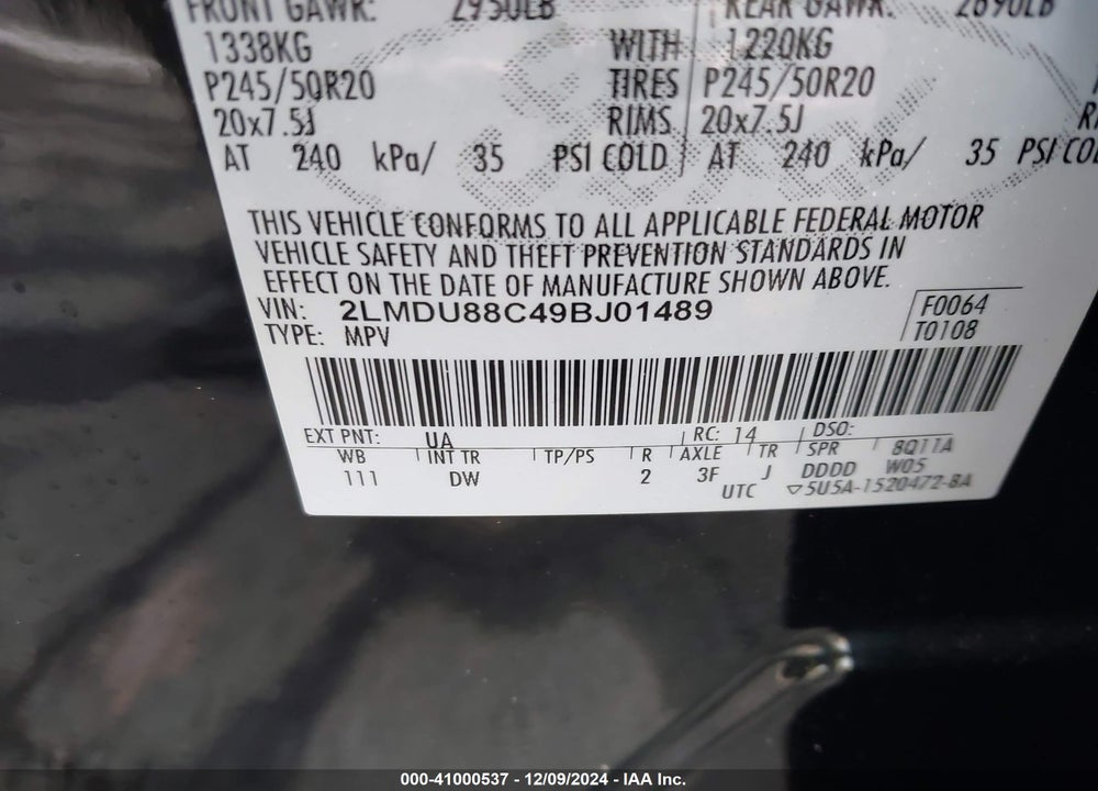 2009 LINCOLN MKX VIN: 2LMDU88C49BJ01489