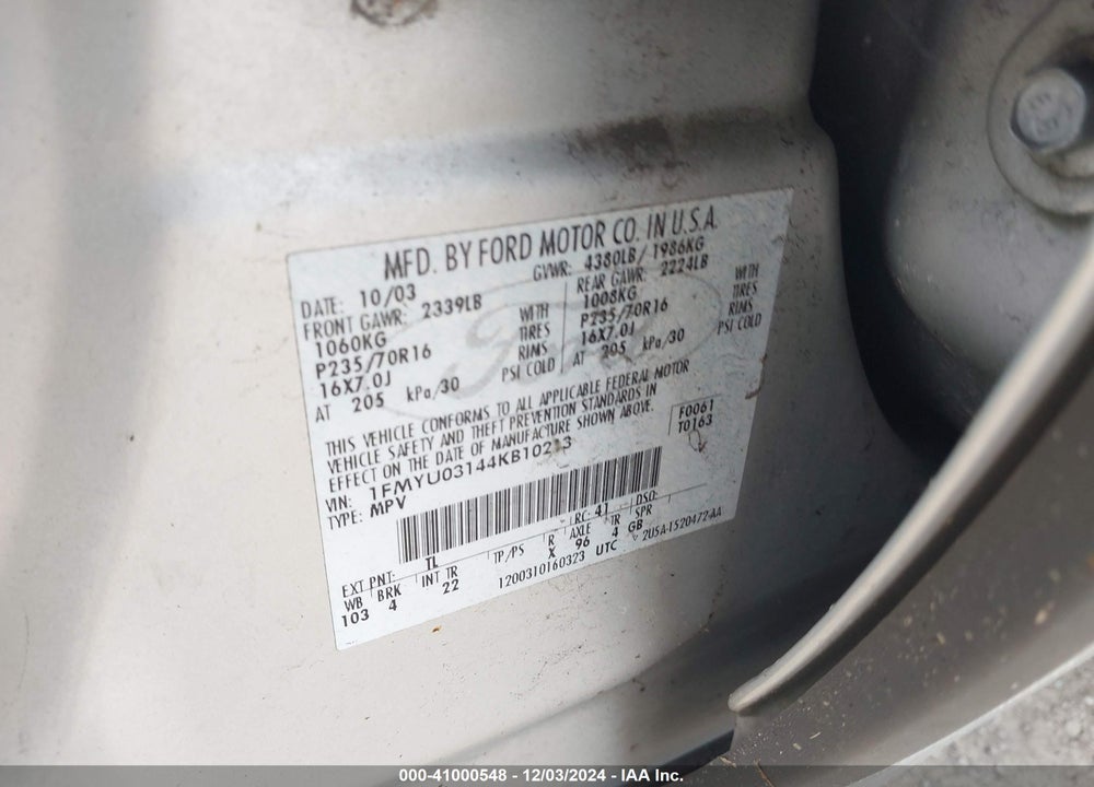 2004 FORD ESCAPE XLT VIN: 1FMYU03144KB10213