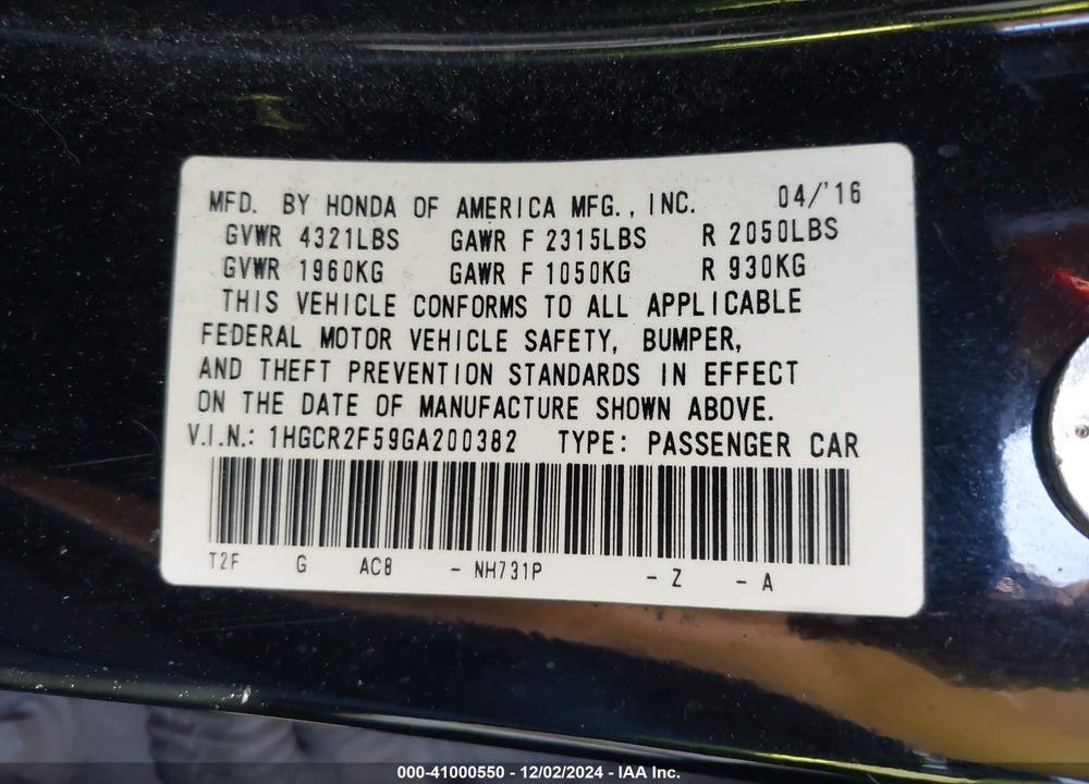 2016 HONDA ACCORD SPORT VIN: 1HGCR2F59GA200382