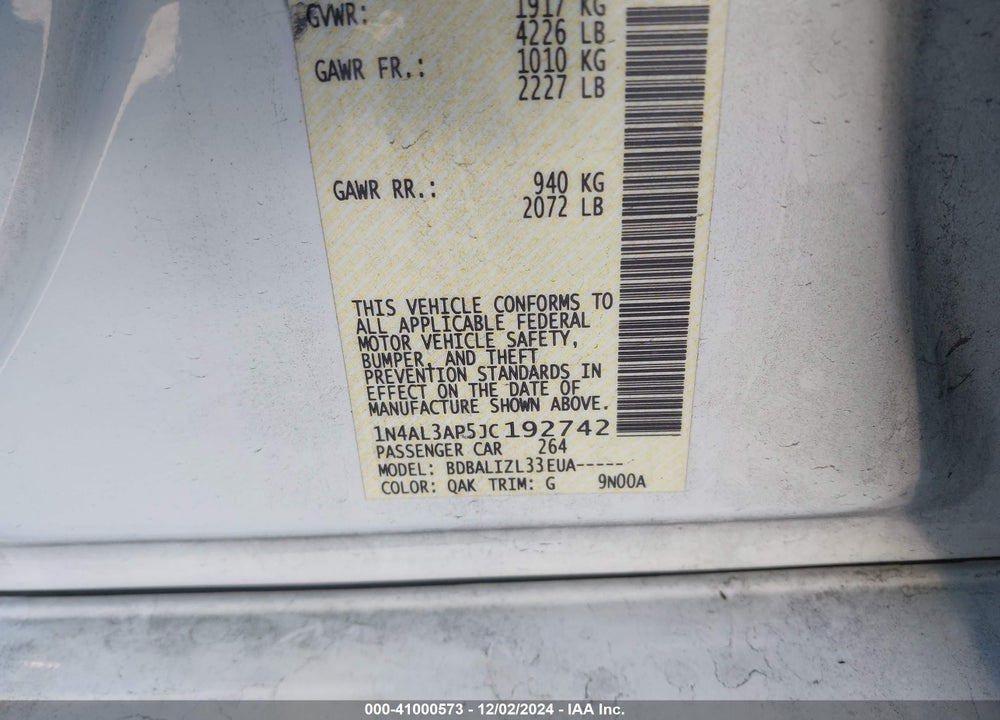 2018 NISSAN ALTIMA VIN: 1N4AL3AP5JC192742