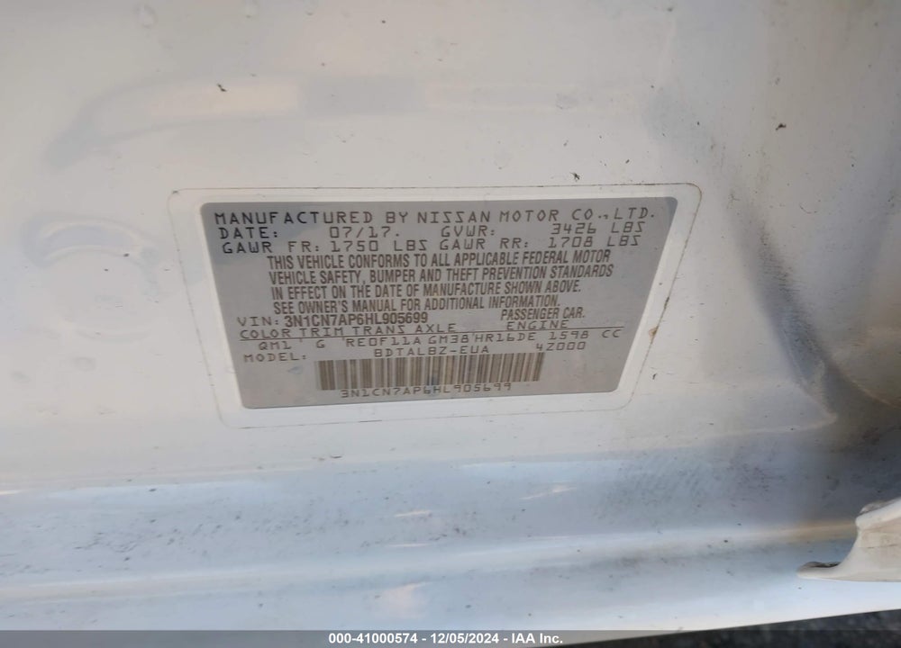 2017 NISSAN VERSA VIN: 3N1CN7AP6HL905699