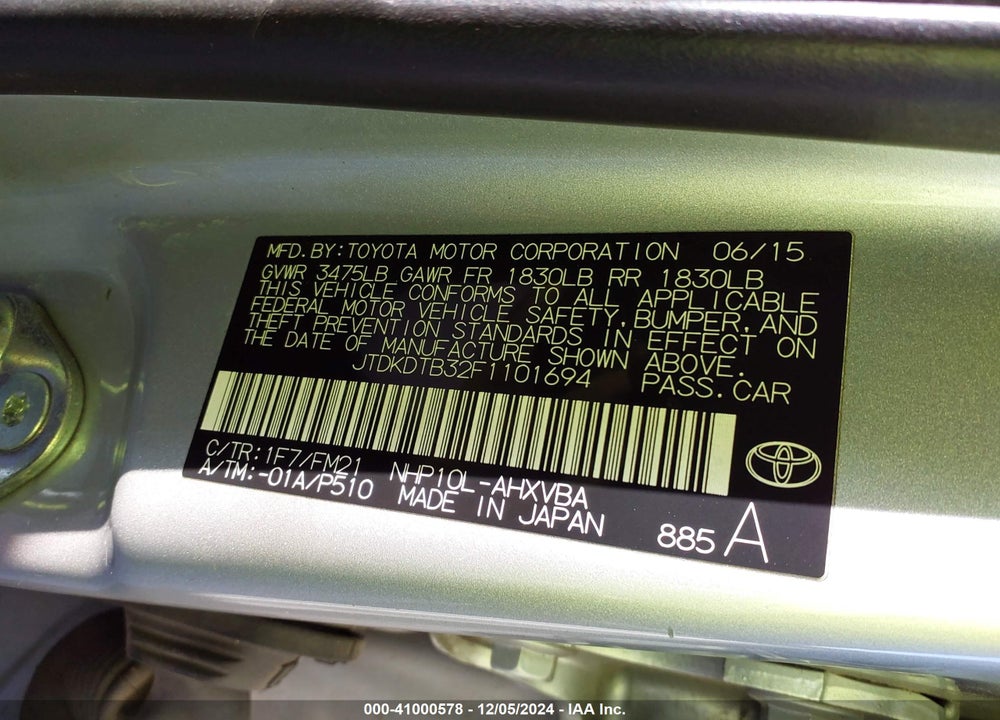 2015 TOYOTA PRIUS C TWO VIN: JTDKDTB32F1101694