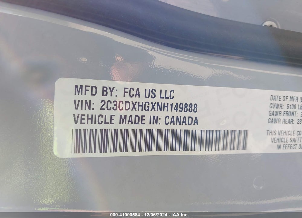 2022 DODGE CHARGER GT RWD VIN: 2C3CDXHGXNH149888