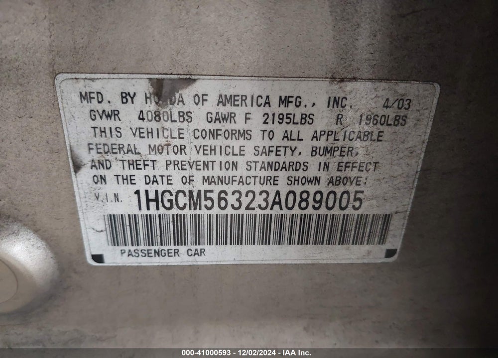 2003 HONDA ACCORD 2.4 LX VIN: 1HGCM56323A089005