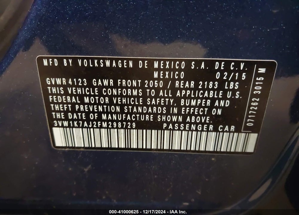 2015 VOLKSWAGEN JETTA 2.0L S VIN: 3VW1K7AJ2FM298729