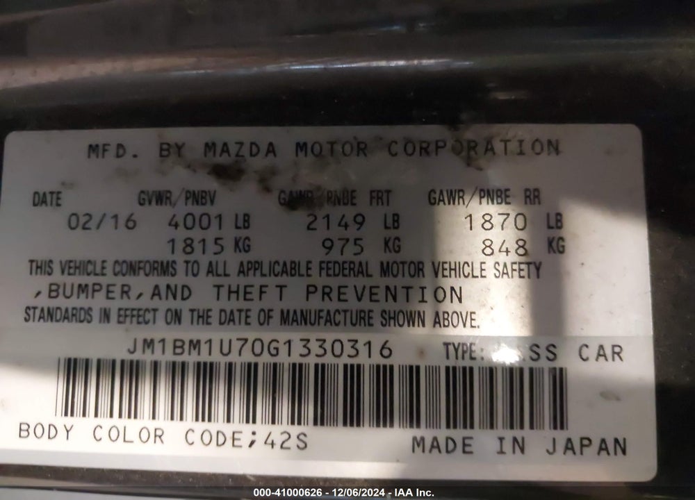 2016 MAZDA MAZDA3 VIN: JM1BM1U70G1330316