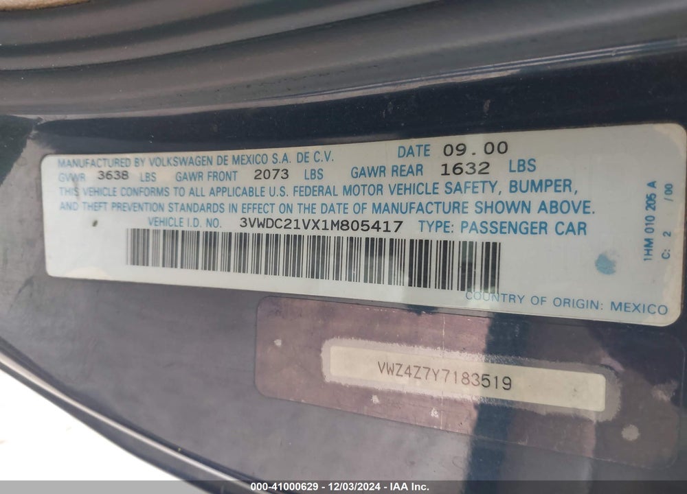 2001 VOLKSWAGEN CABRIO GLX VIN: 3VWDC21VX1M805417